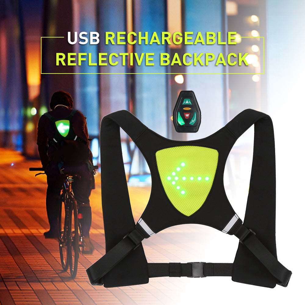 USB Rechargeable Reflective Vest Backpack with LED Turn Signal for Cycling